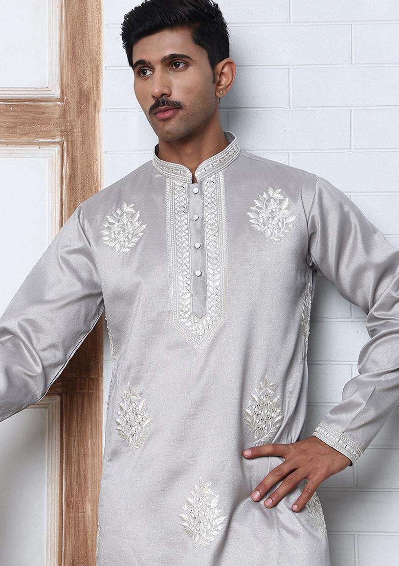 Silver Embroidery Cotton Kurta For Men - Indya