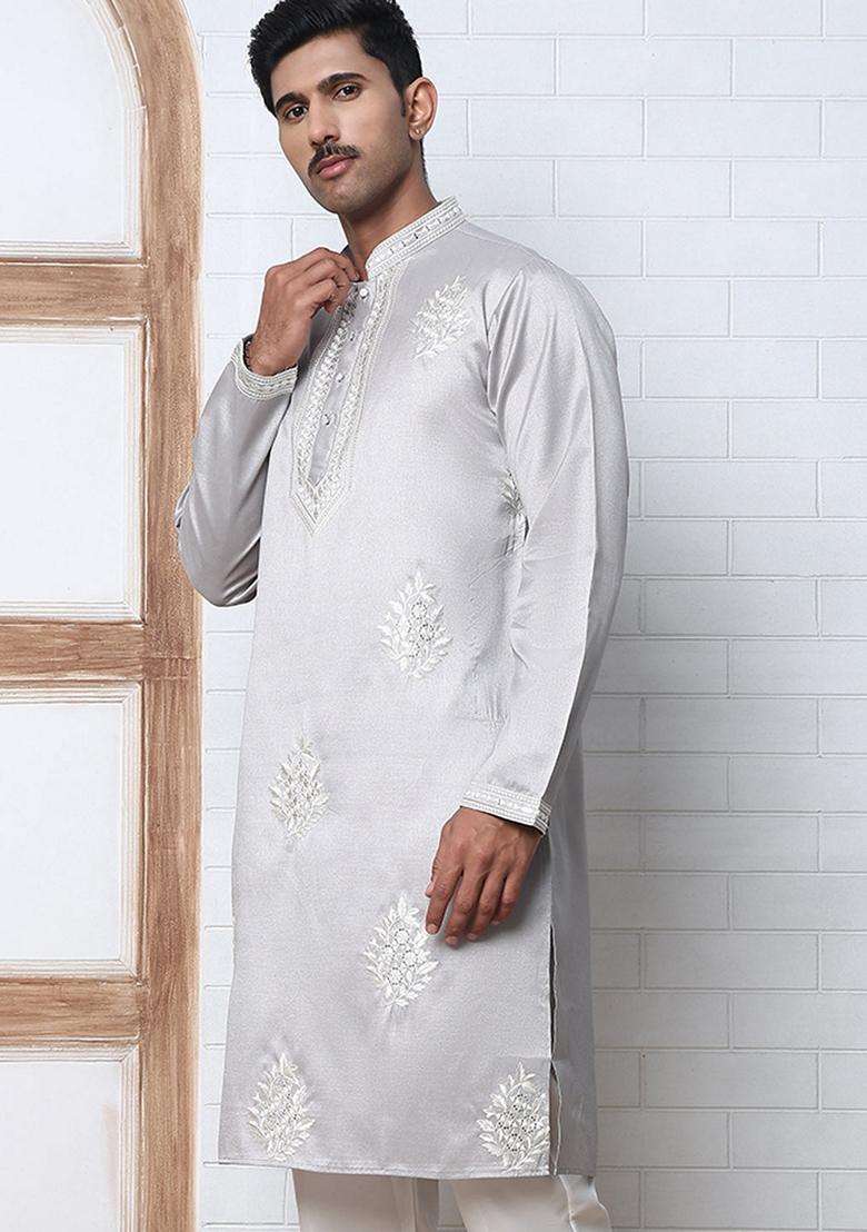 Silver Embroidery Cotton Kurta For Men - Indya