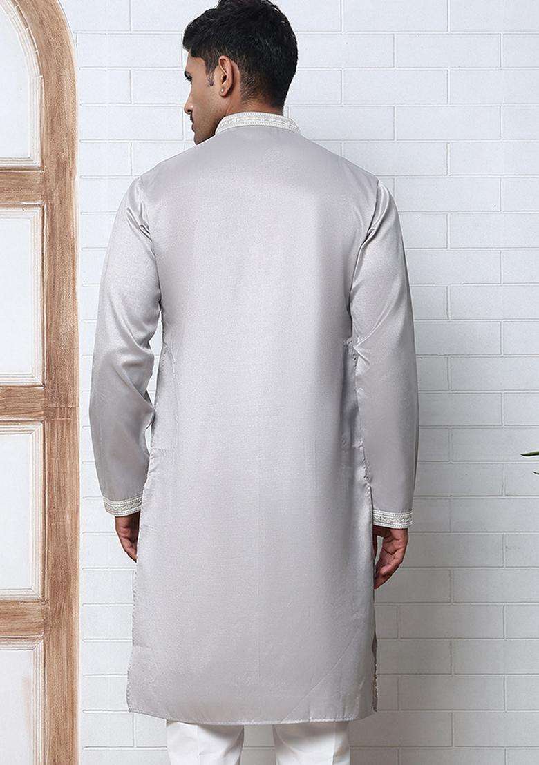 Silver Embroidery Cotton Kurta For Men - Indya