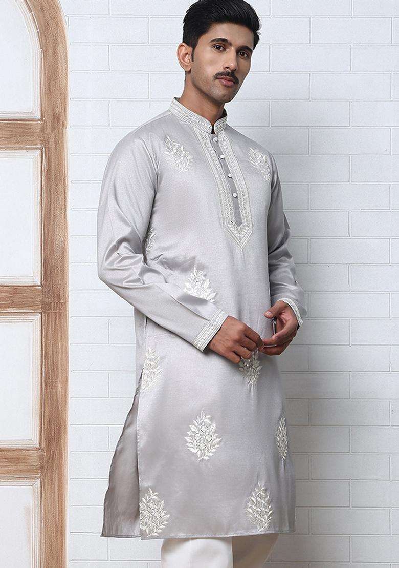 Silver Embroidery Cotton Kurta For Men - Indya