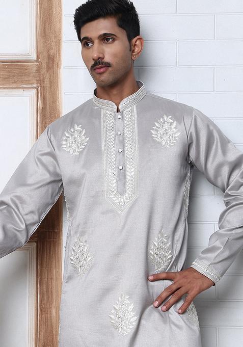 Silver Embroidery Cotton Kurta For Men