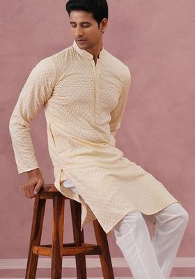 Beige Embroidery Cotton Kurta For Men