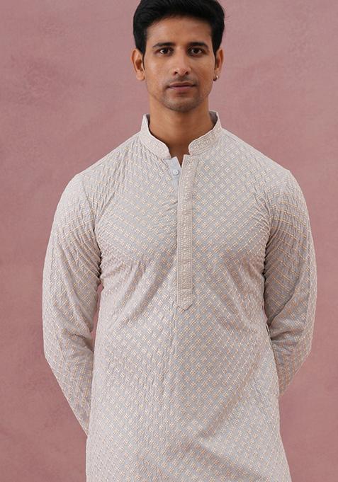 Grey Embroidery Cotton Kurta For Men