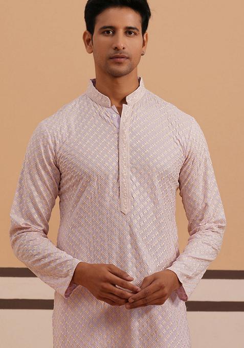 Purple Embroidery Viscose Kurta For Men