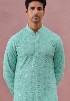 Green Embroidery Viscose Kurta For Men