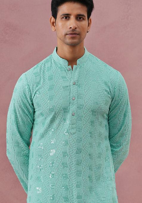 Green Embroidery Viscose Kurta For Men