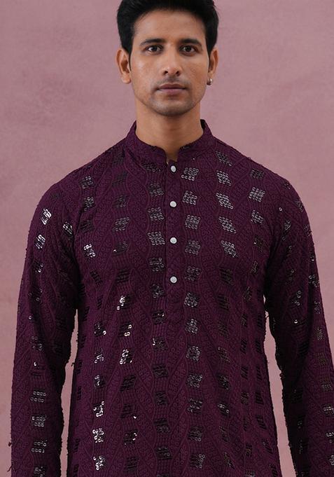Purple Embroidery Viscose Kurta For Men