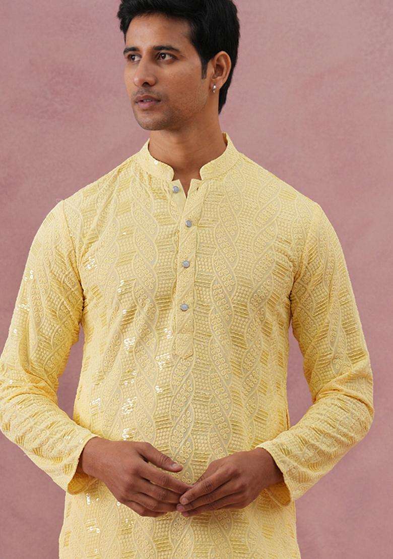 Yellow Embroidery Viscose Kurta For Men - Indya