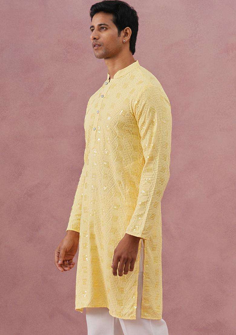 Yellow Embroidery Viscose Kurta For Men - Indya