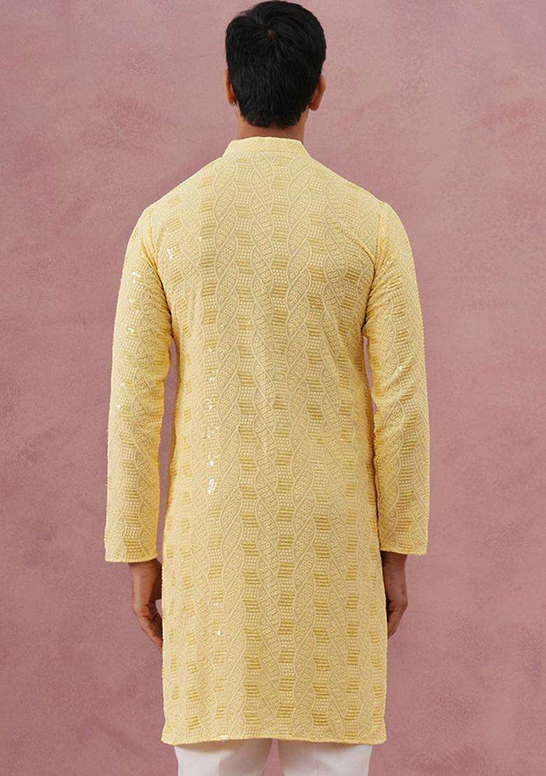 Yellow Embroidery Viscose Kurta For Men - Indya