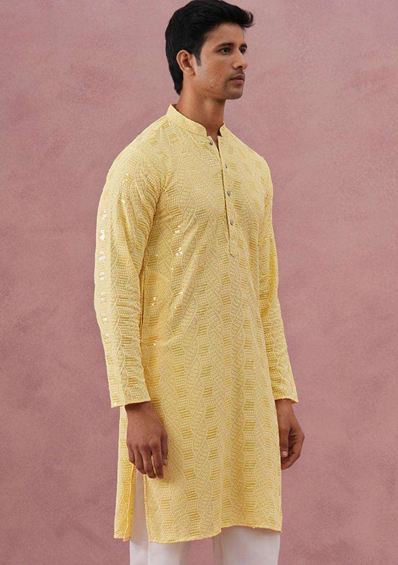 Yellow Embroidery Viscose Kurta For Men - Indya