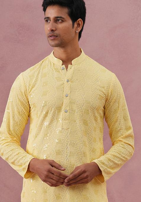 Yellow Embroidery Viscose Kurta For Men