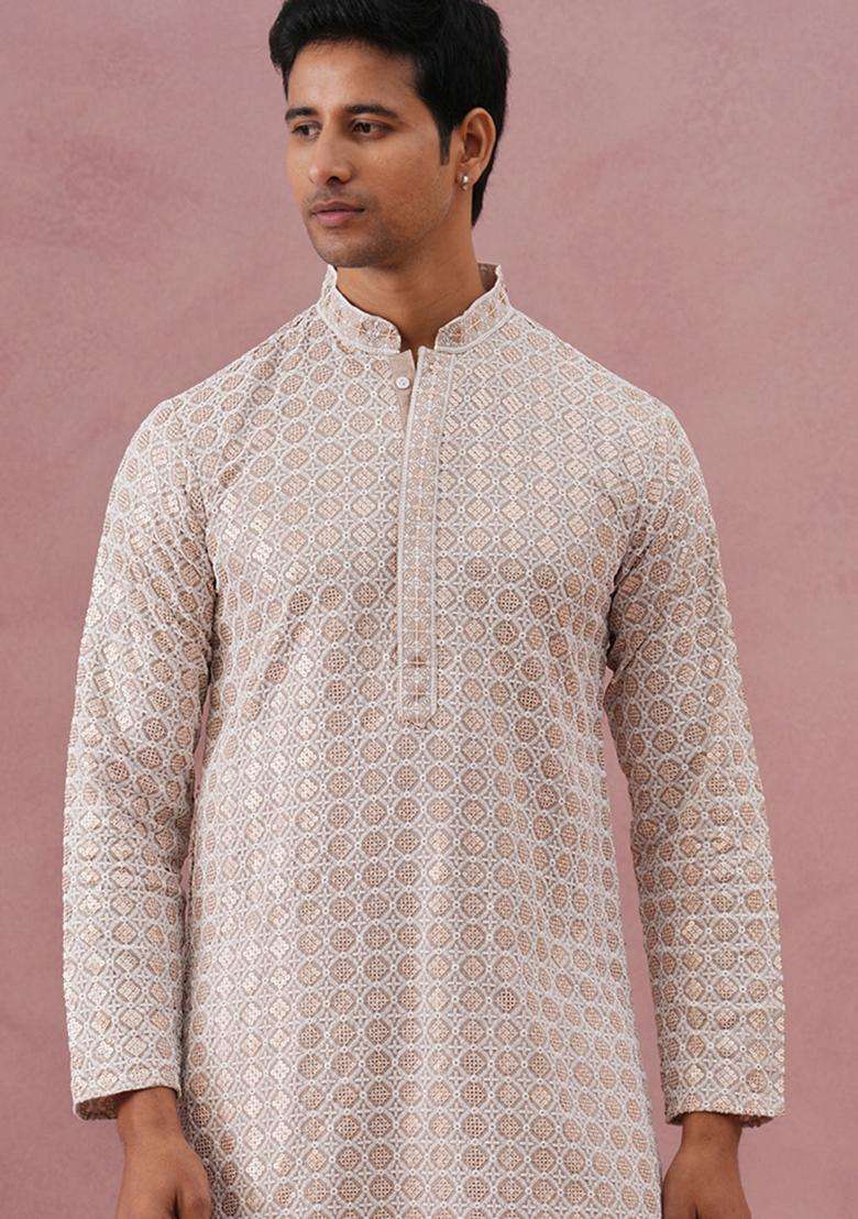Beige Embroidery Viscose Kurta For Men - Indya