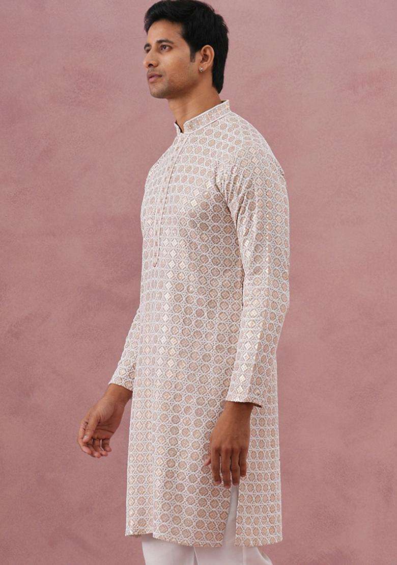 Beige Embroidery Viscose Kurta For Men - Indya