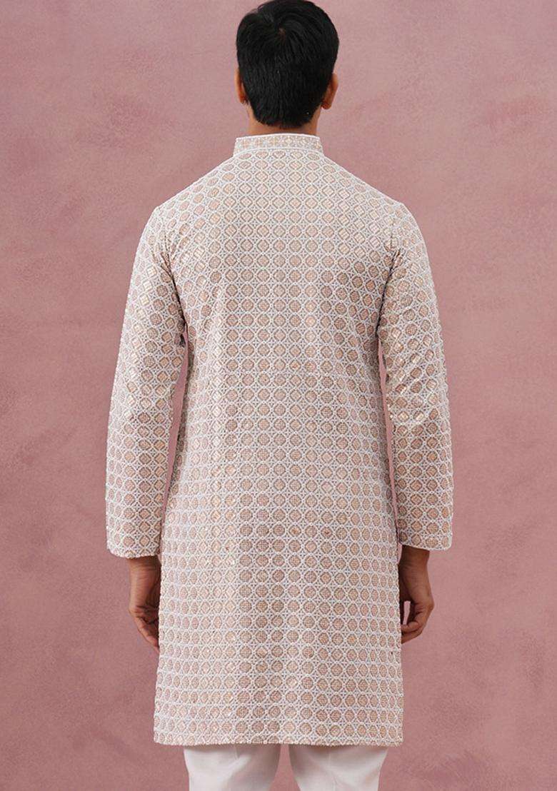 Beige Embroidery Viscose Kurta For Men - Indya