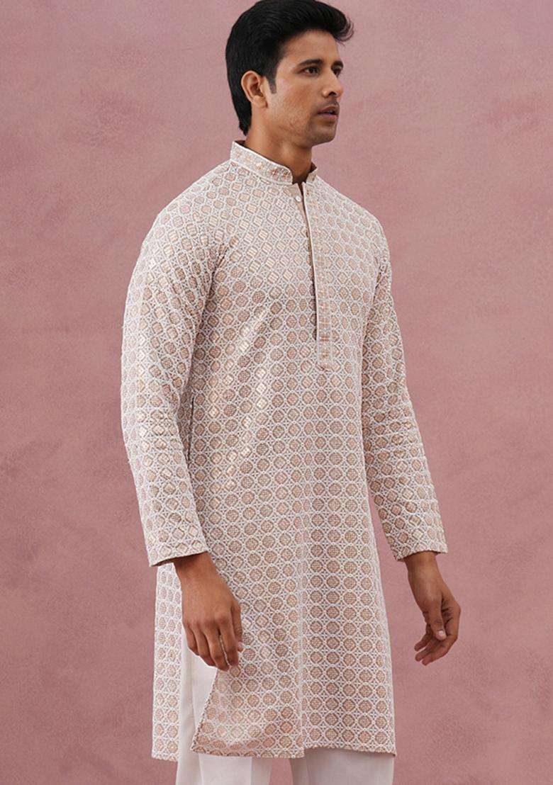 Beige Embroidery Viscose Kurta For Men - Indya