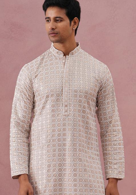 Beige Embroidery Viscose Kurta For Men