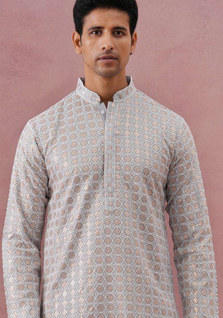 Grey Embroidery Viscose Kurta For Men - Indya