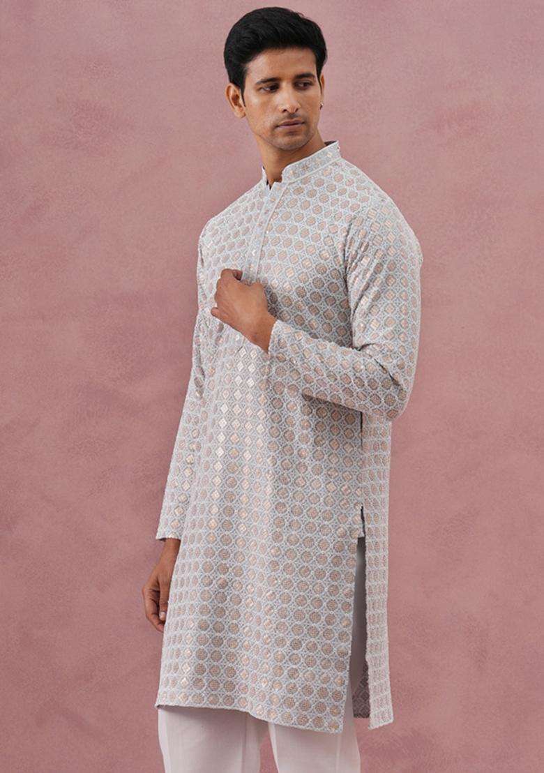 Grey Embroidery Viscose Kurta For Men - Indya
