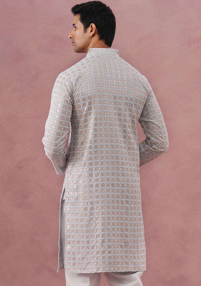 Grey Embroidery Viscose Kurta For Men - Indya
