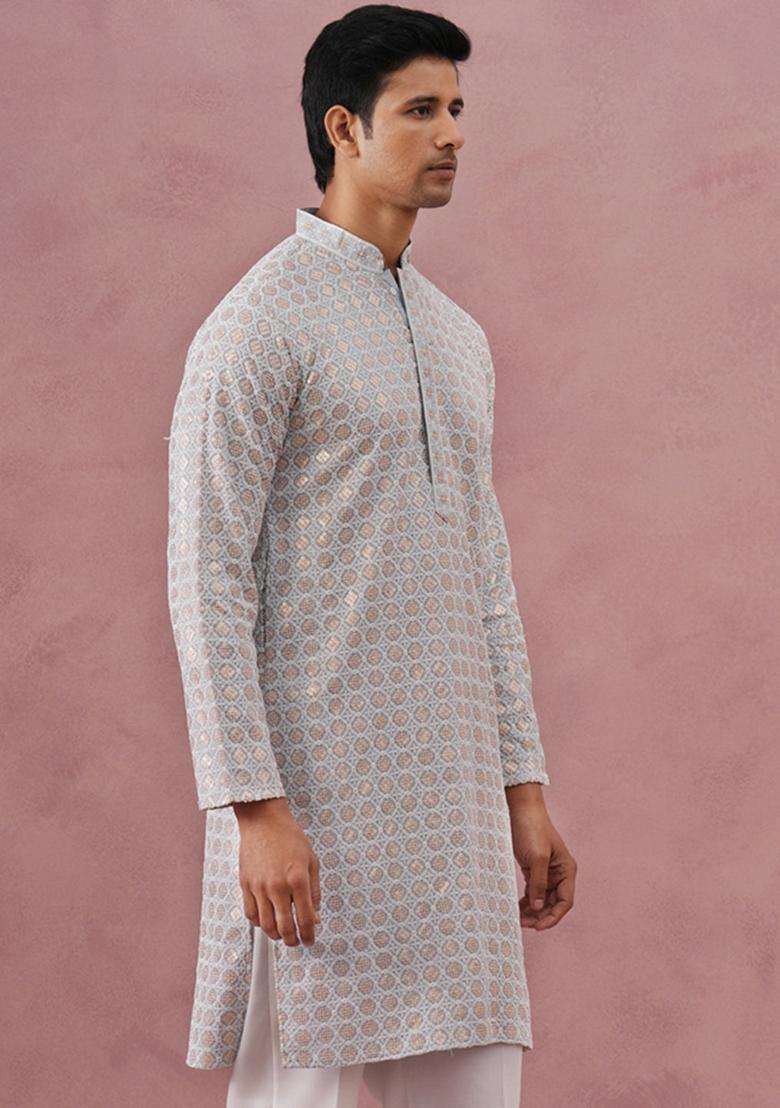 Grey Embroidery Viscose Kurta For Men - Indya