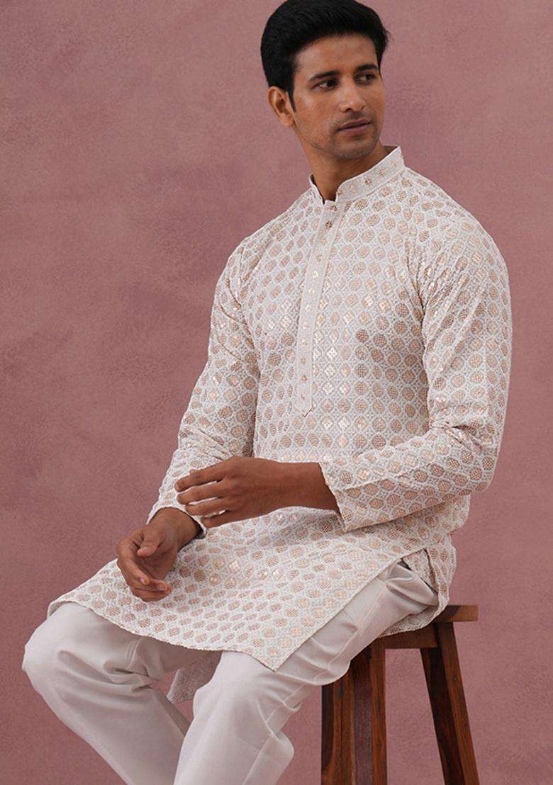 White Embroidery Viscose Kurta For Men - Indya