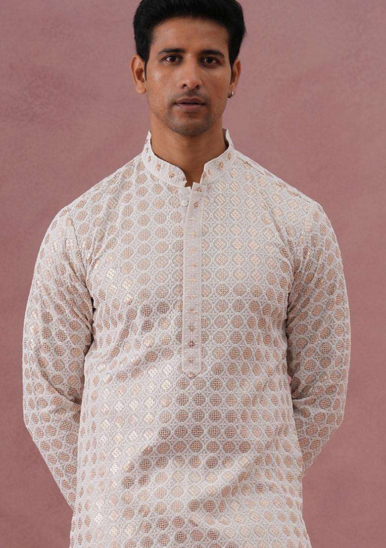 White Embroidery Viscose Kurta For Men - Indya