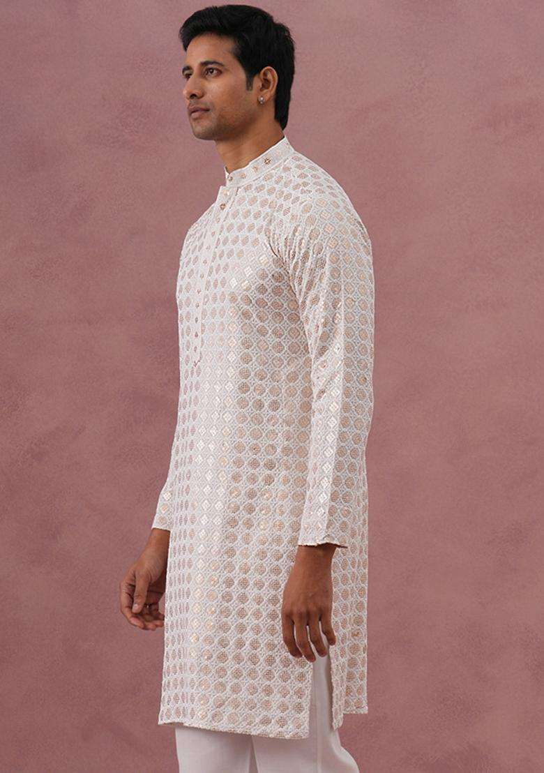 White Embroidery Viscose Kurta For Men - Indya
