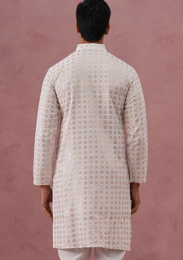 White Embroidery Viscose Kurta For Men - Indya