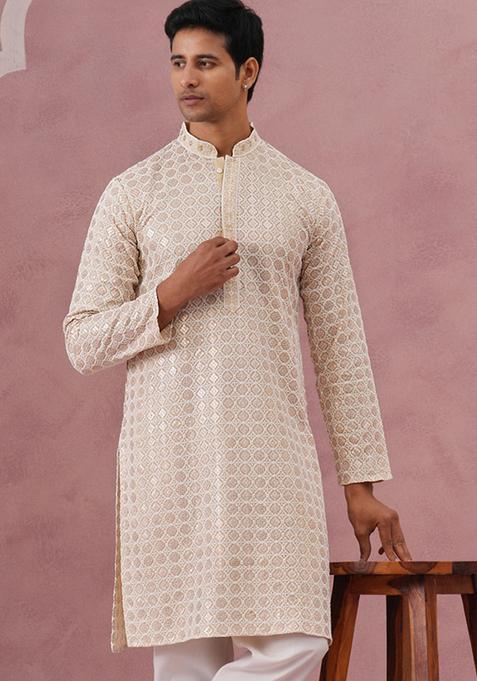 Yellow Embroidery Viscose Kurta For Men