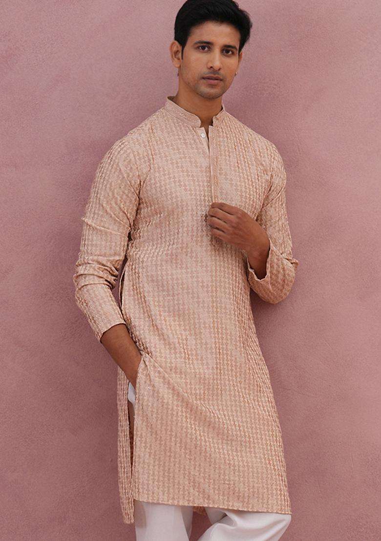 Beige Embroidery Viscose Kurta For Men - Indya