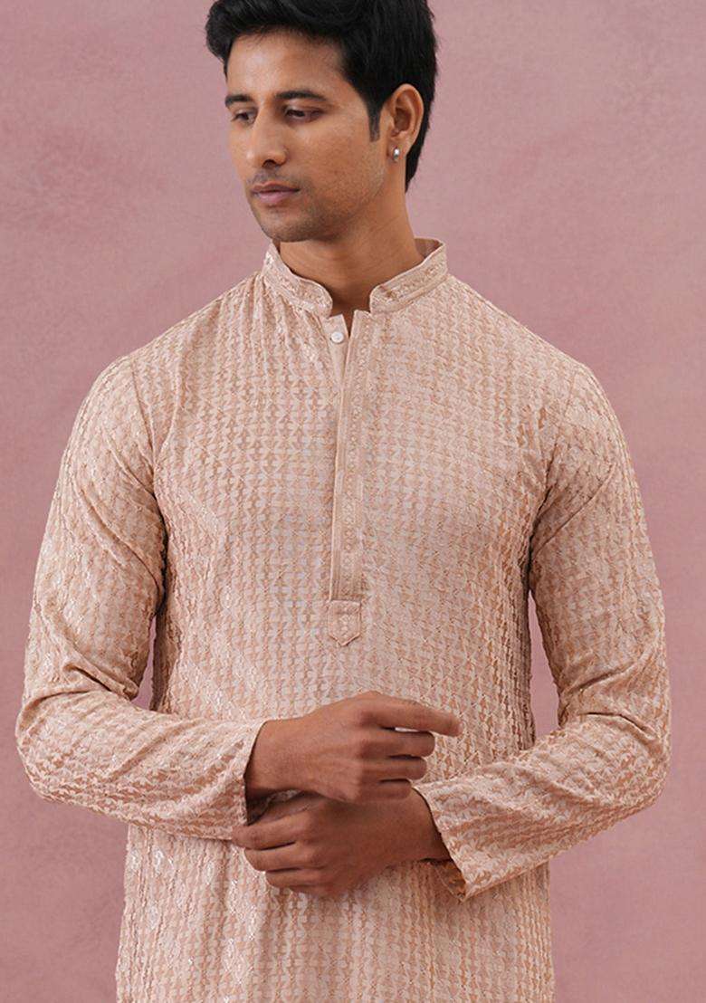 Beige Embroidery Viscose Kurta For Men - Indya