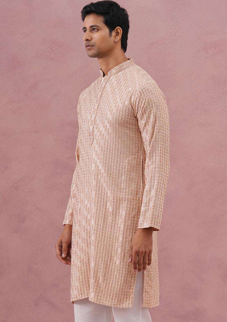 Beige Embroidery Viscose Kurta For Men - Indya