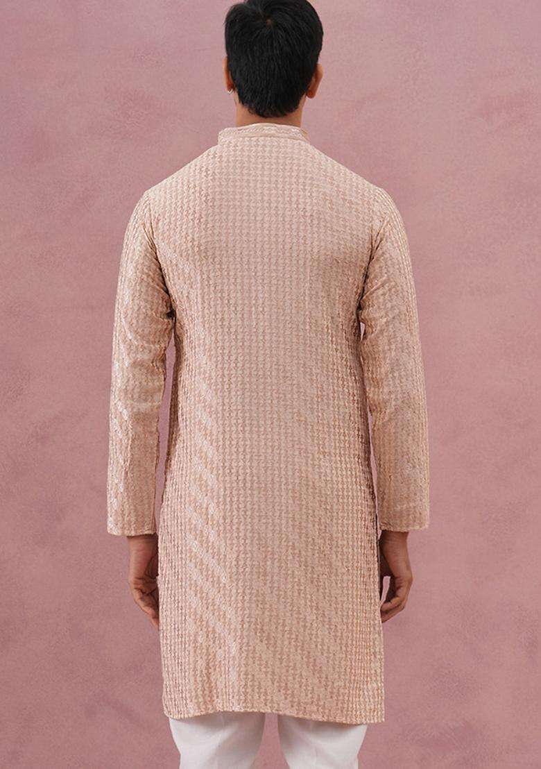 Beige Embroidery Viscose Kurta For Men - Indya