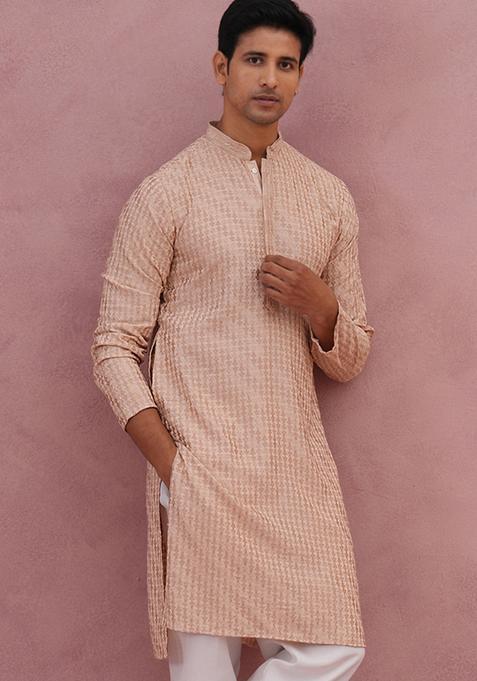 Beige Embroidery Viscose Kurta For Men