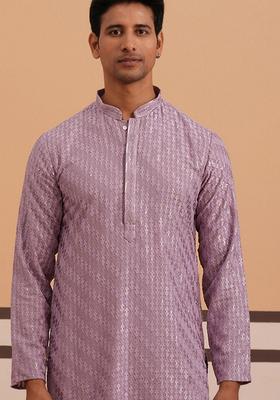 Purple Embroidery Viscose Kurta For Men