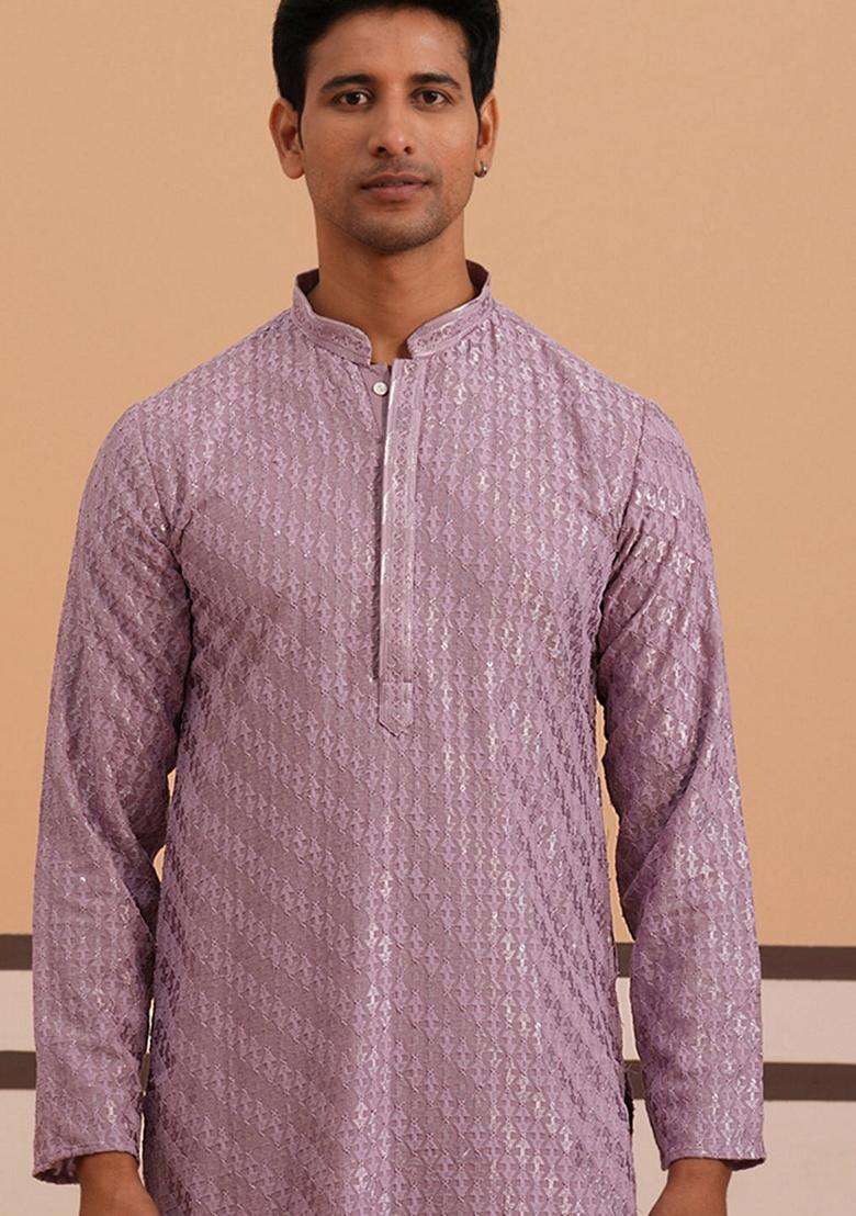Purple Embroidery Viscose Kurta For Men - Indya