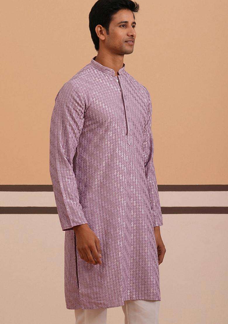 Purple Embroidery Viscose Kurta For Men - Indya