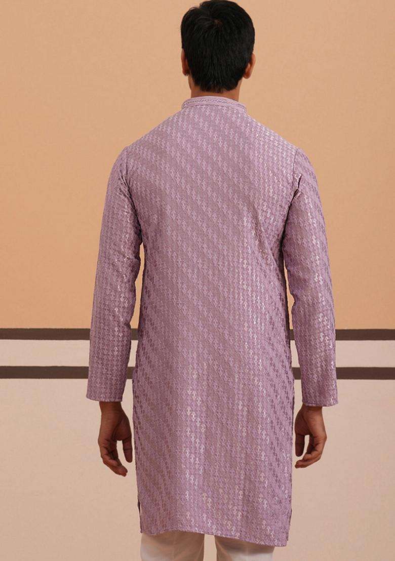 Purple Embroidery Viscose Kurta For Men - Indya