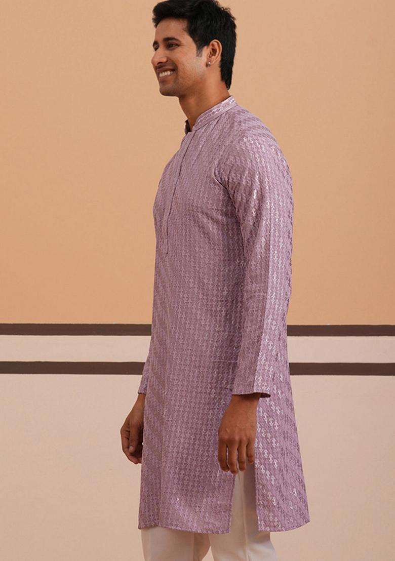 Purple Embroidery Viscose Kurta For Men - Indya