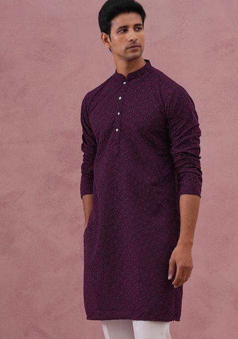 Purple Embroidery Cotton Kurta For Men