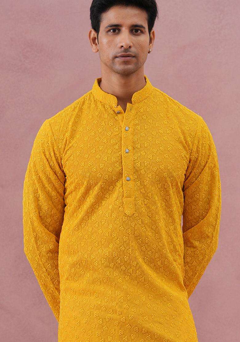 Yellow Embroidery Cotton Kurta For Men - Indya