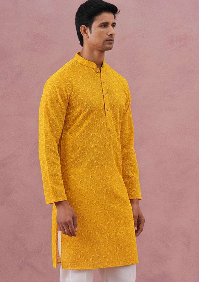 Yellow Embroidery Cotton Kurta For Men - Indya