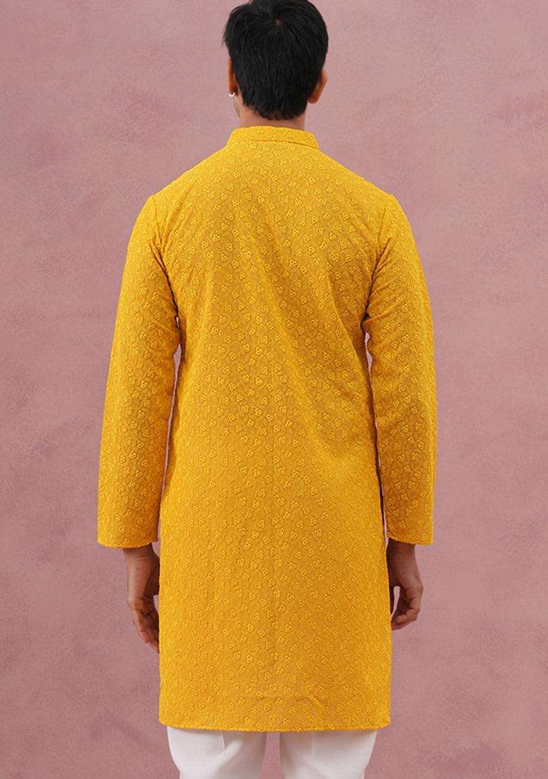 Yellow Embroidery Cotton Kurta For Men - Indya