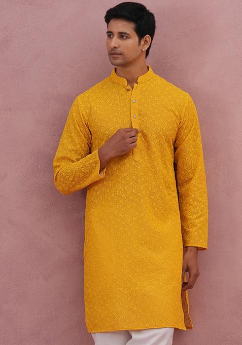 Yellow Embroidery Cotton Kurta For Men