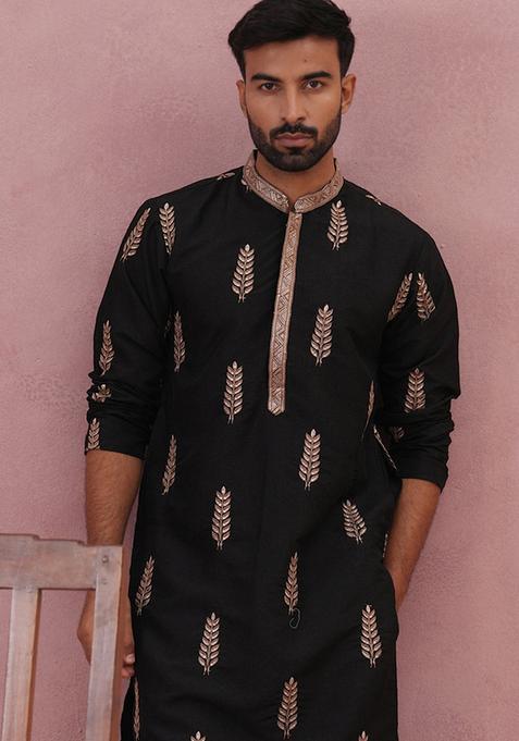 Black Embroidery Cotton Kurta For Men