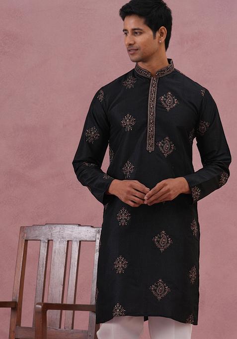 Black Embroidery Cotton Kurta For Men