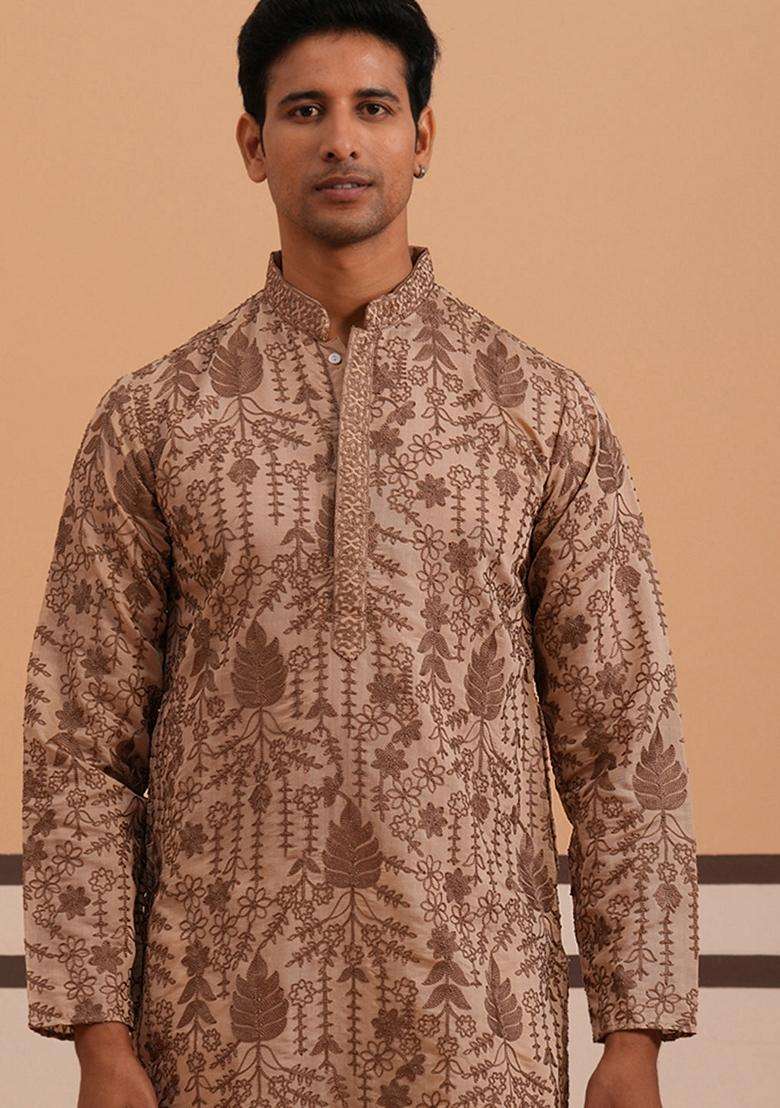 Brown Embroidery Cotton Kurta For Men - Indya