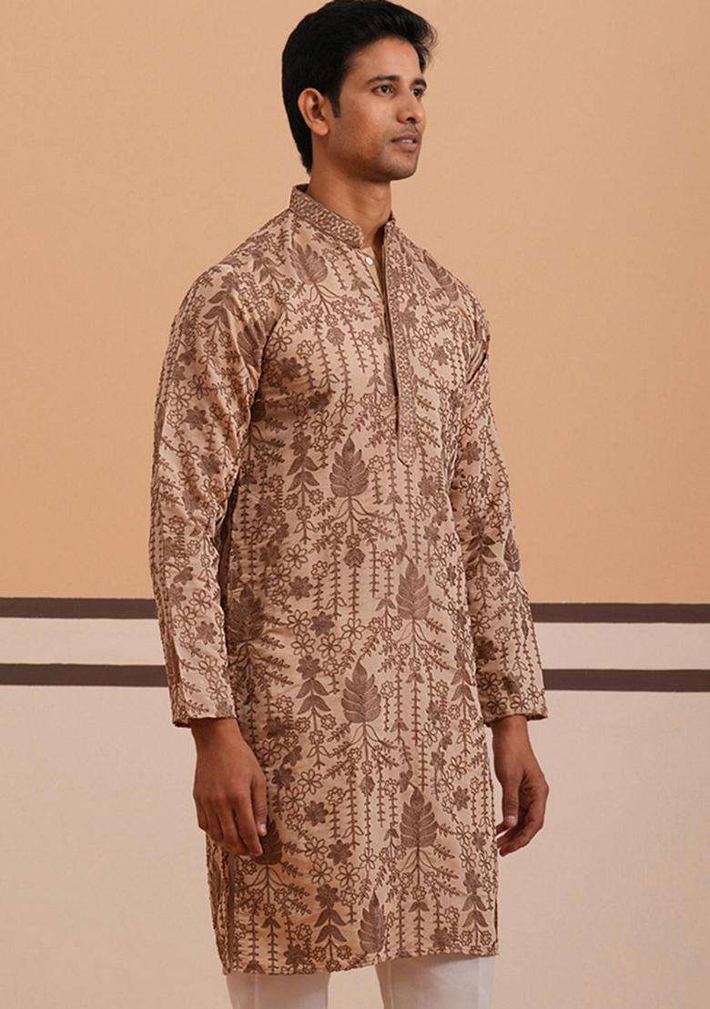 Brown Embroidery Cotton Kurta For Men - Indya