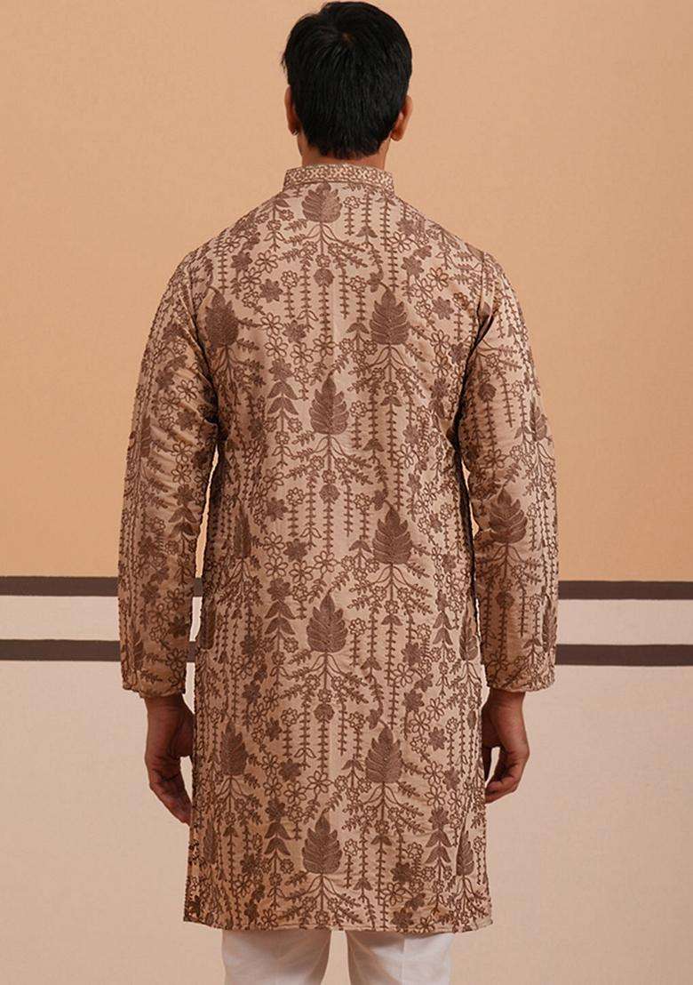 Brown Embroidery Cotton Kurta For Men - Indya